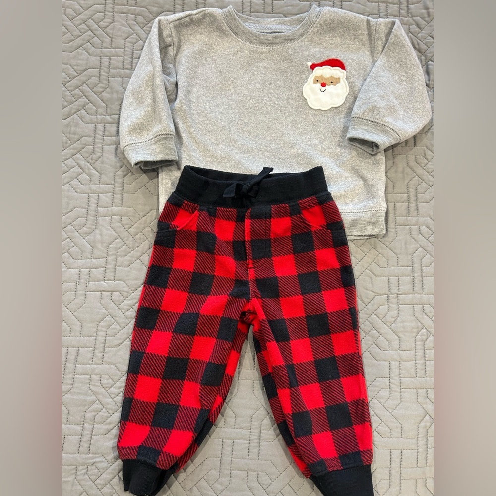 Carter’s Baby Gray Santa Sweatshirt and Red Plaid Pants Set Size 9 Mos
